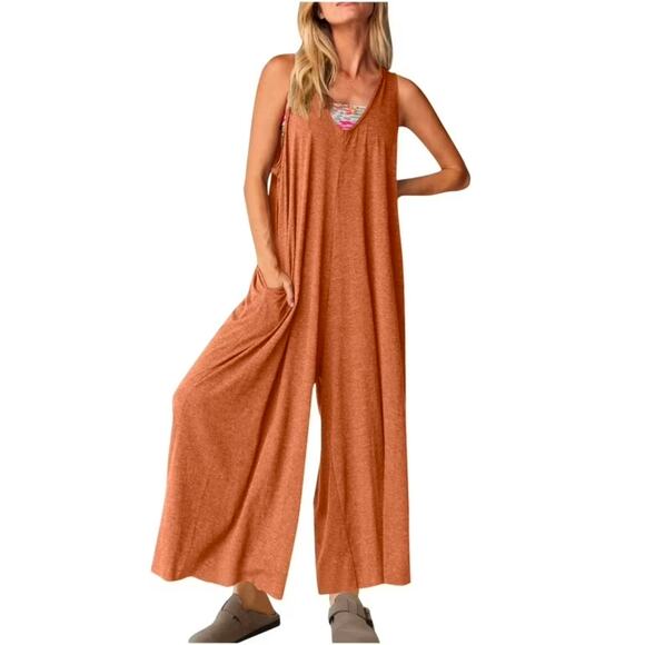 SHEIN Pants - Flowy Wide Leg Jumper Lightweight, Stretchy Adjustable at Shoulders Orange Lg